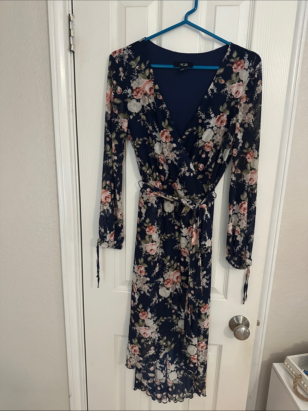 AGB Navy Floral Wrap Dress with Blush and Cream Roses